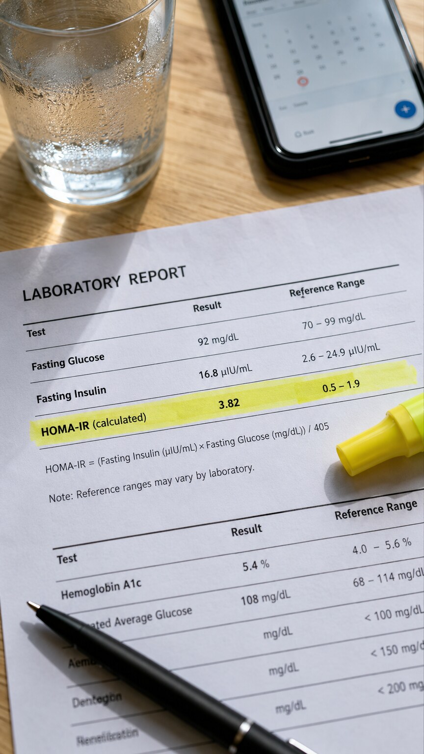 Close-up of a lab report showing fasting insulin, fasting glucose, and calculated HOMA-IR score values