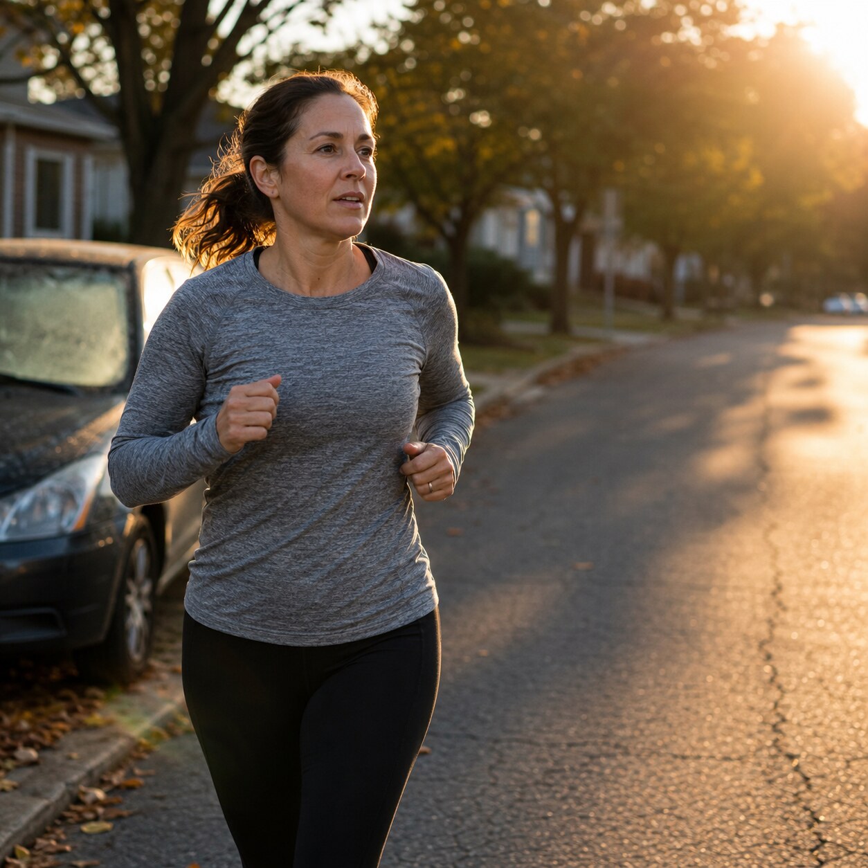 Woman in her forties jogging outdoors in early morning light as part of managing insulin resistance