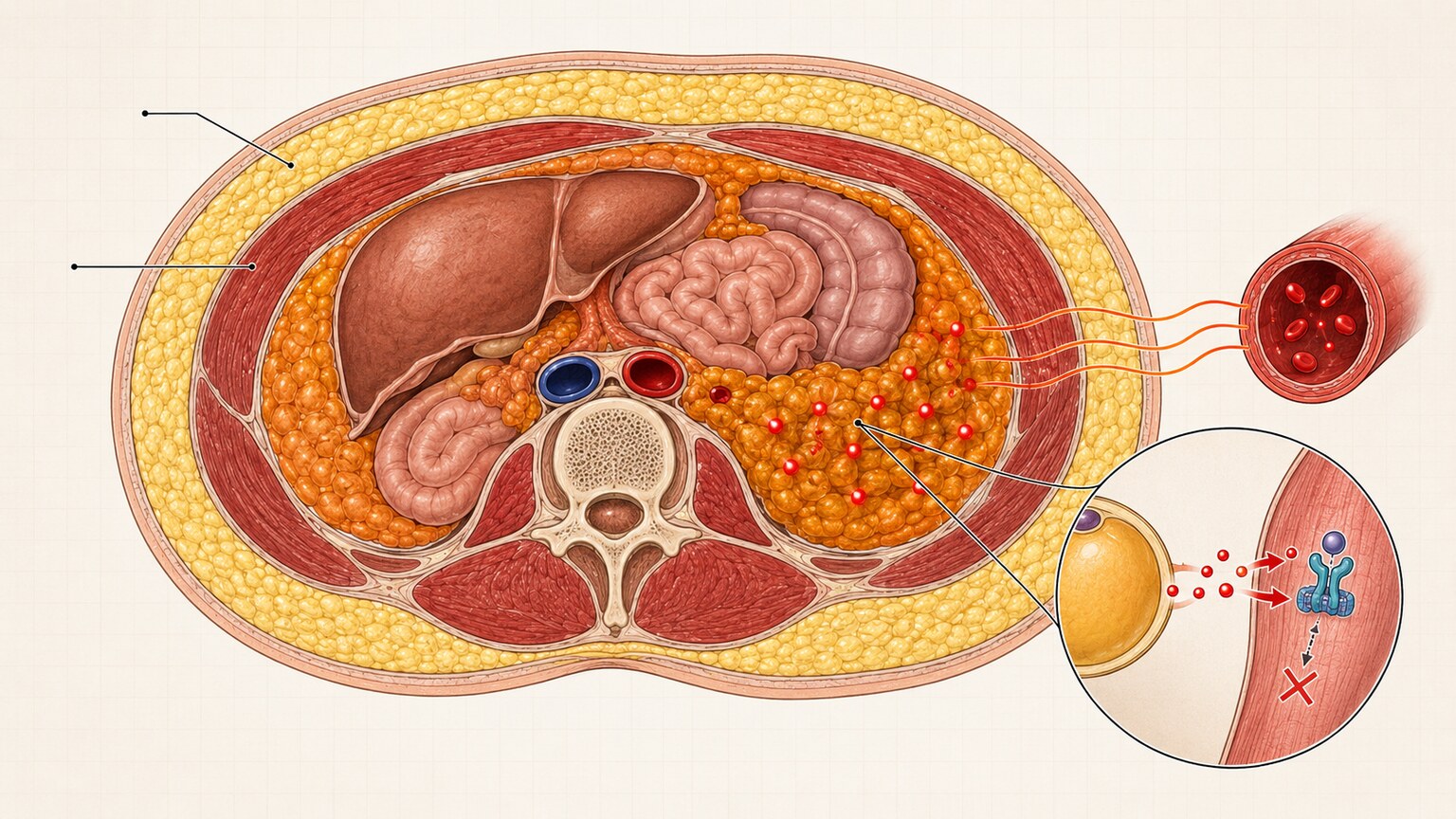 Cross-section medical illustration comparing visceral abdominal fat to subcutaneous fat and its effect on insulin signaling