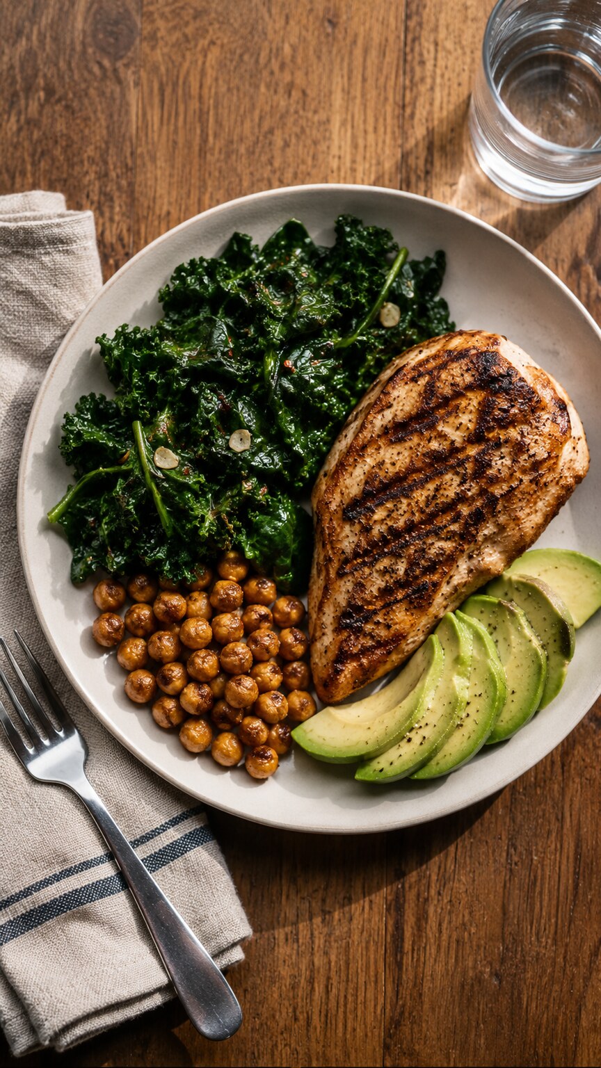 Overhead photo of a home-cooked plate with grilled protein, leafy greens, and whole grains supporting insulin sensitivity