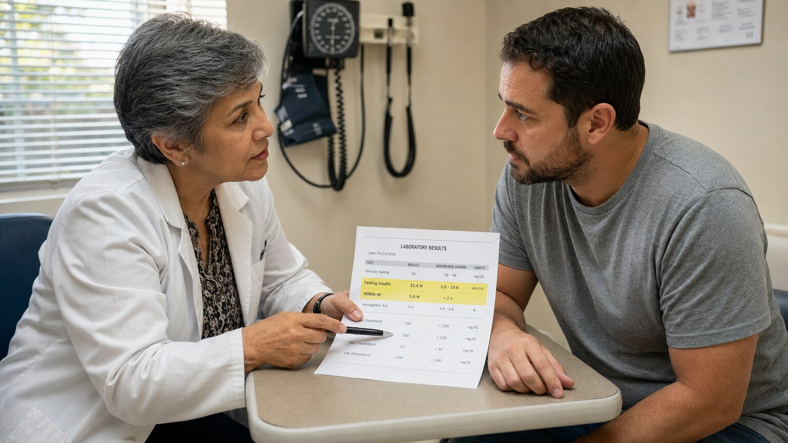 Physician and patient in a clinic room discussing a metabolic lab panel that includes fasting insulin and HOMA-IR results