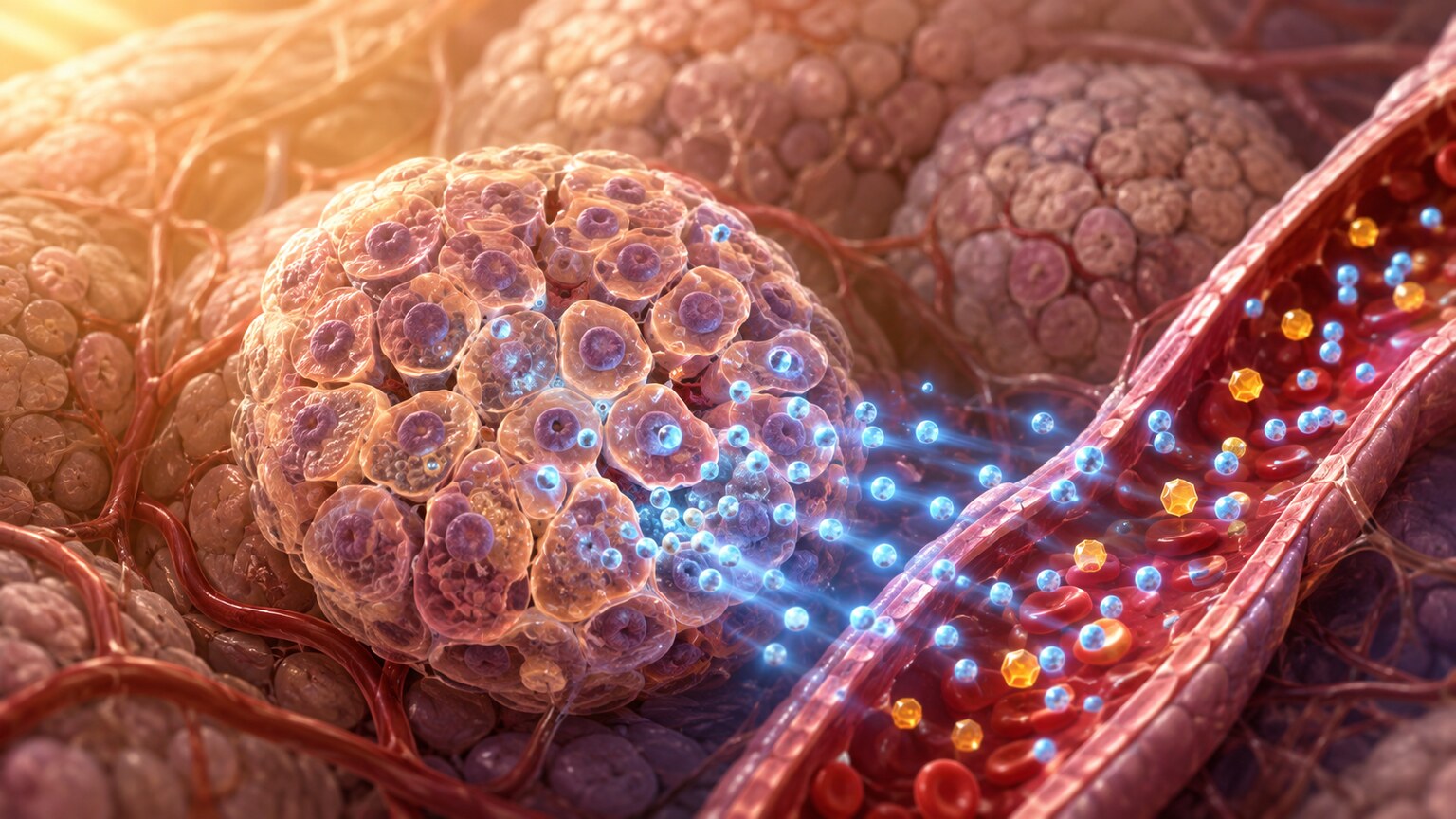 Scientific illustration of pancreatic beta cells actively releasing insulin molecules into the bloodstream in response to rising blood glucose