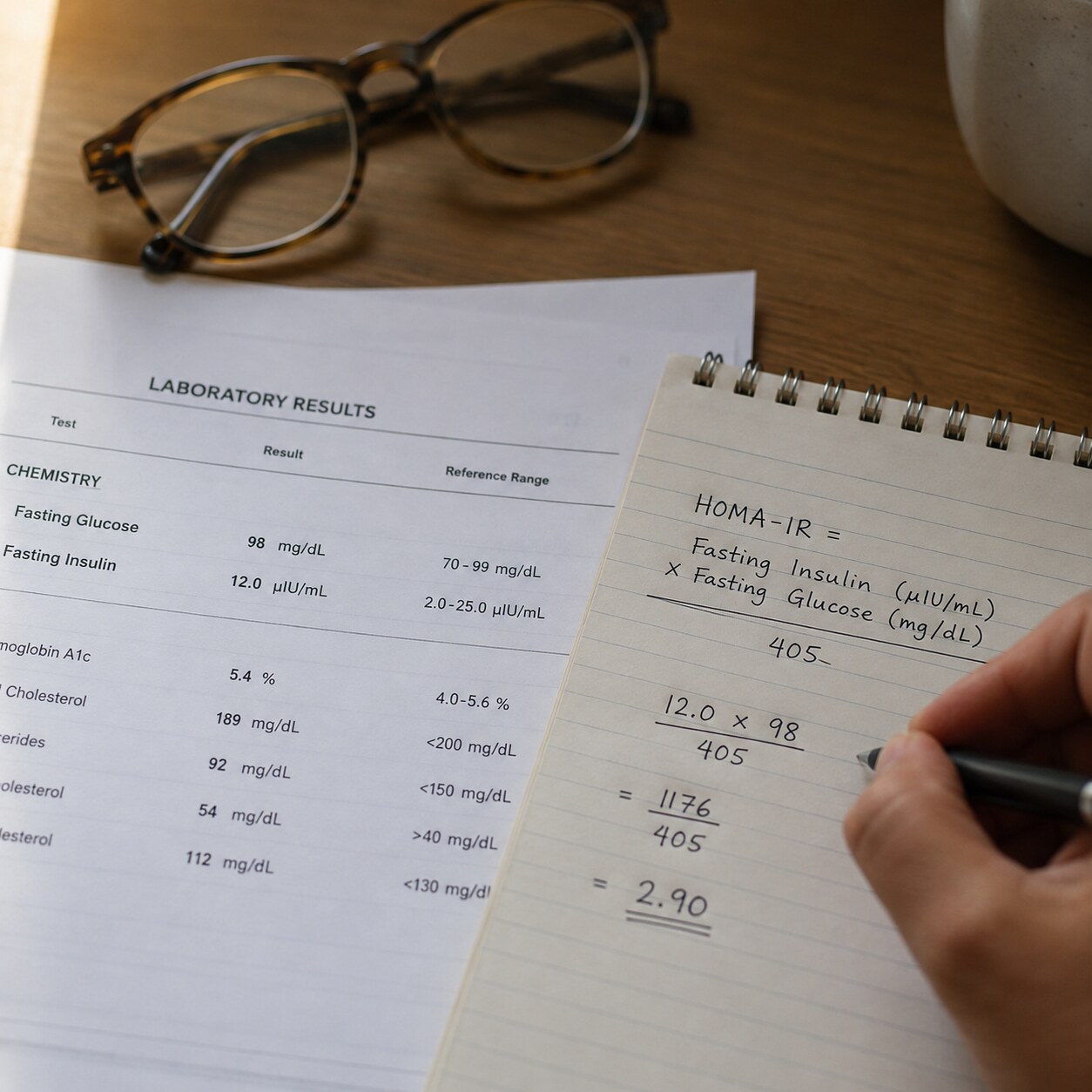 Hand writing the HOMA-IR multiplication and division calculation on a notepad beside a printed lab report showing fasting glucose and insulin values