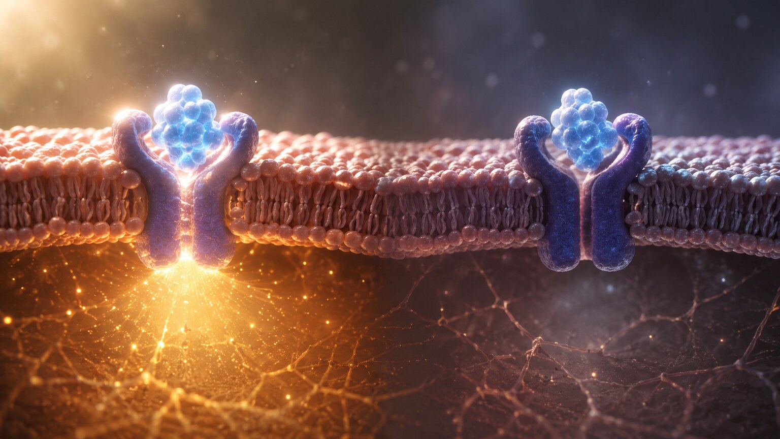Scientific illustration comparing a normal insulin receptor accepting insulin's signal against a resistant receptor with a blocked, muted response