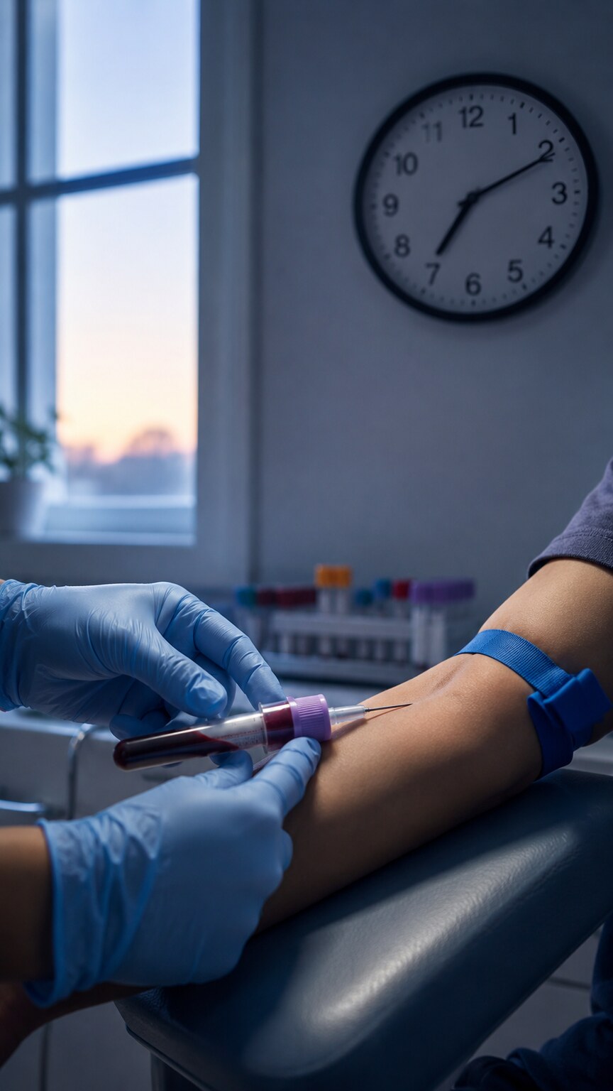 Early morning blood draw at a lab, illustrating the fasting condition required for an accurate HOMA-IR calculation