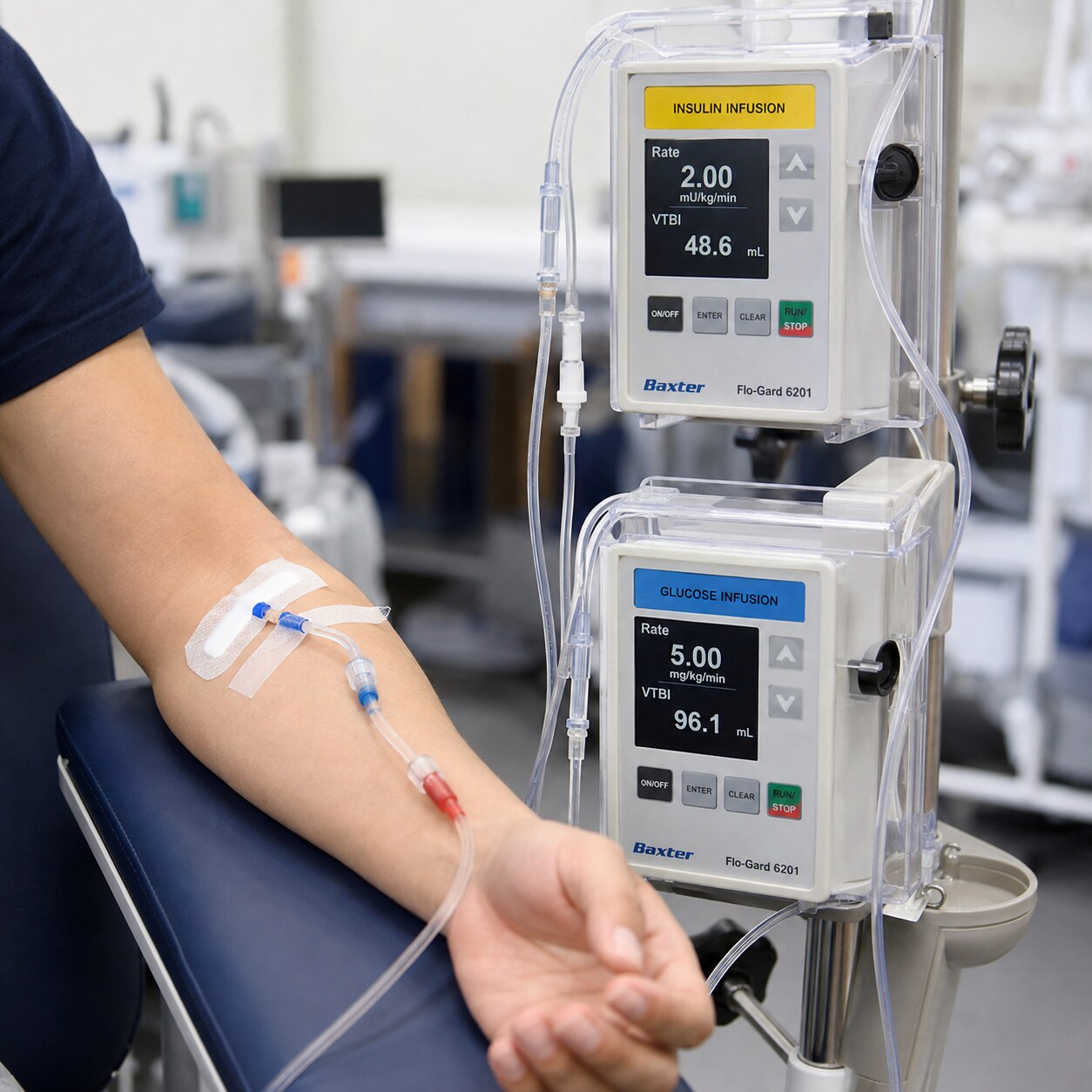 Research laboratory setup showing dual intravenous infusion lines used for a hyperinsulinemic-euglycemic clamp study measuring insulin sensitivity directly