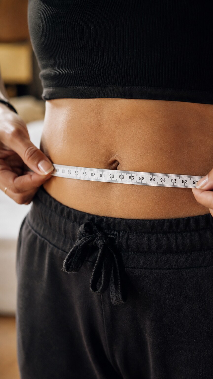 Close-up of a measuring tape wrapped around a waist, representing one of several metabolic markers considered alongside HOMA-IR