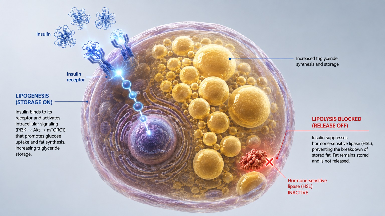 Scientific illustration of insulin molecules binding to a fat cell receptor and blocking the release of stored fat