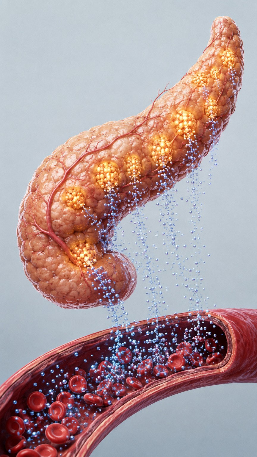 Anatomical illustration of the pancreas releasing an excessive amount of insulin into the bloodstream
