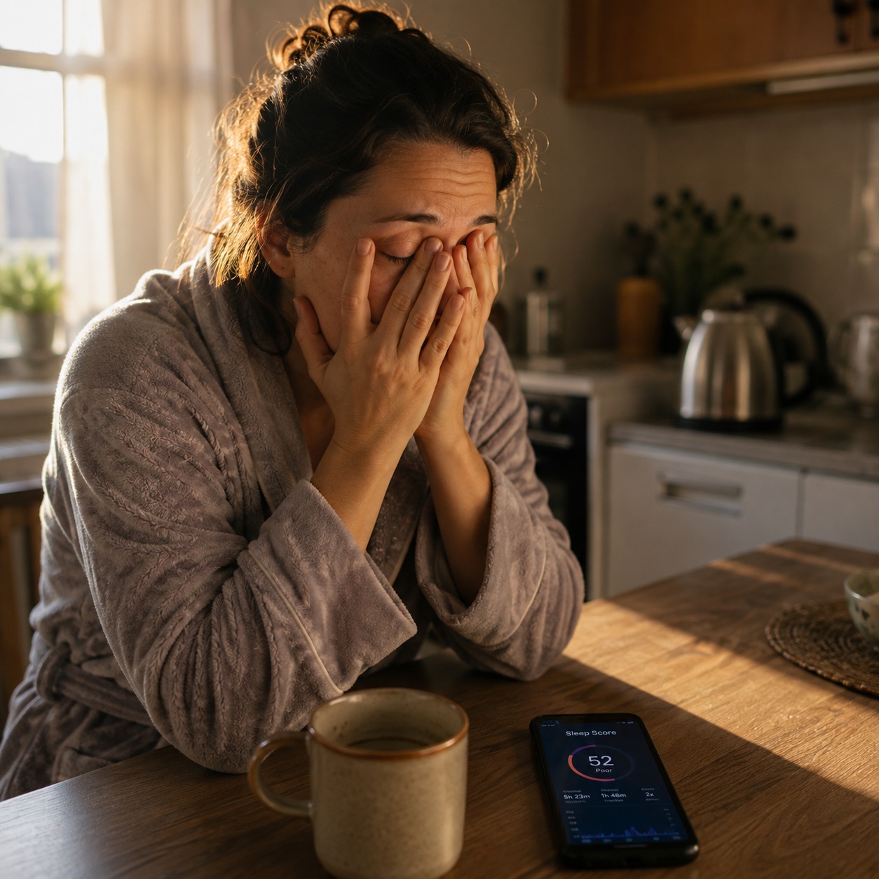 Woman rubbing her eyes at her kitchen table in the early morning after a poor night of sleep