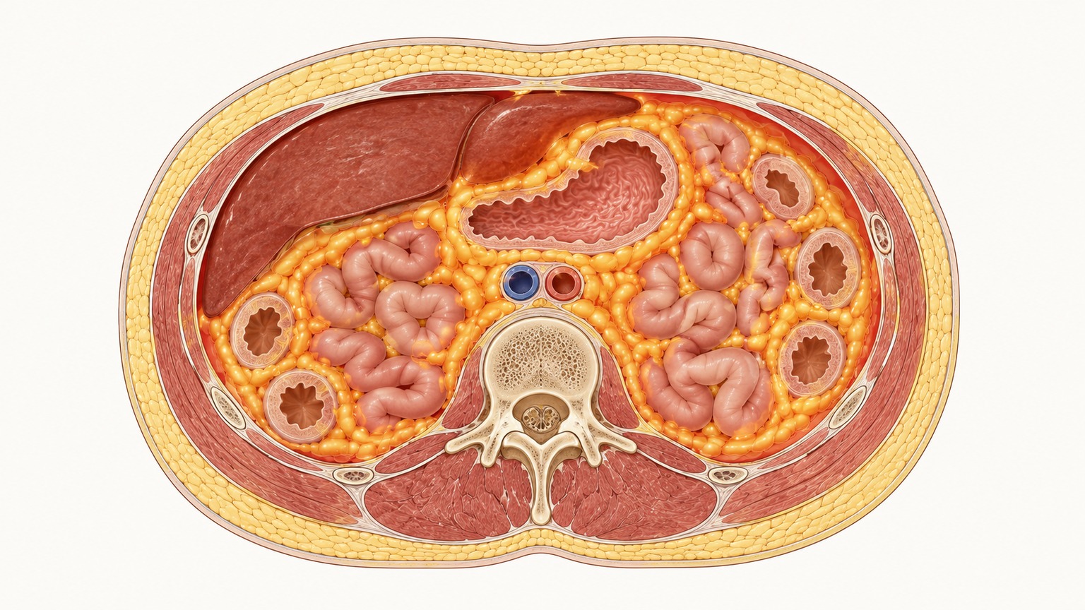 Medical cross-section illustration of visceral fat surrounding abdominal organs compared to subcutaneous fat