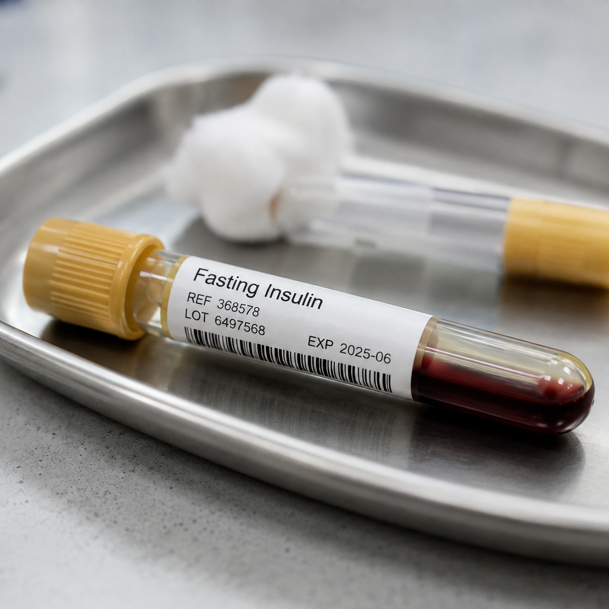 Close-up of a labeled fasting insulin blood sample tube resting beside a phlebotomy tray