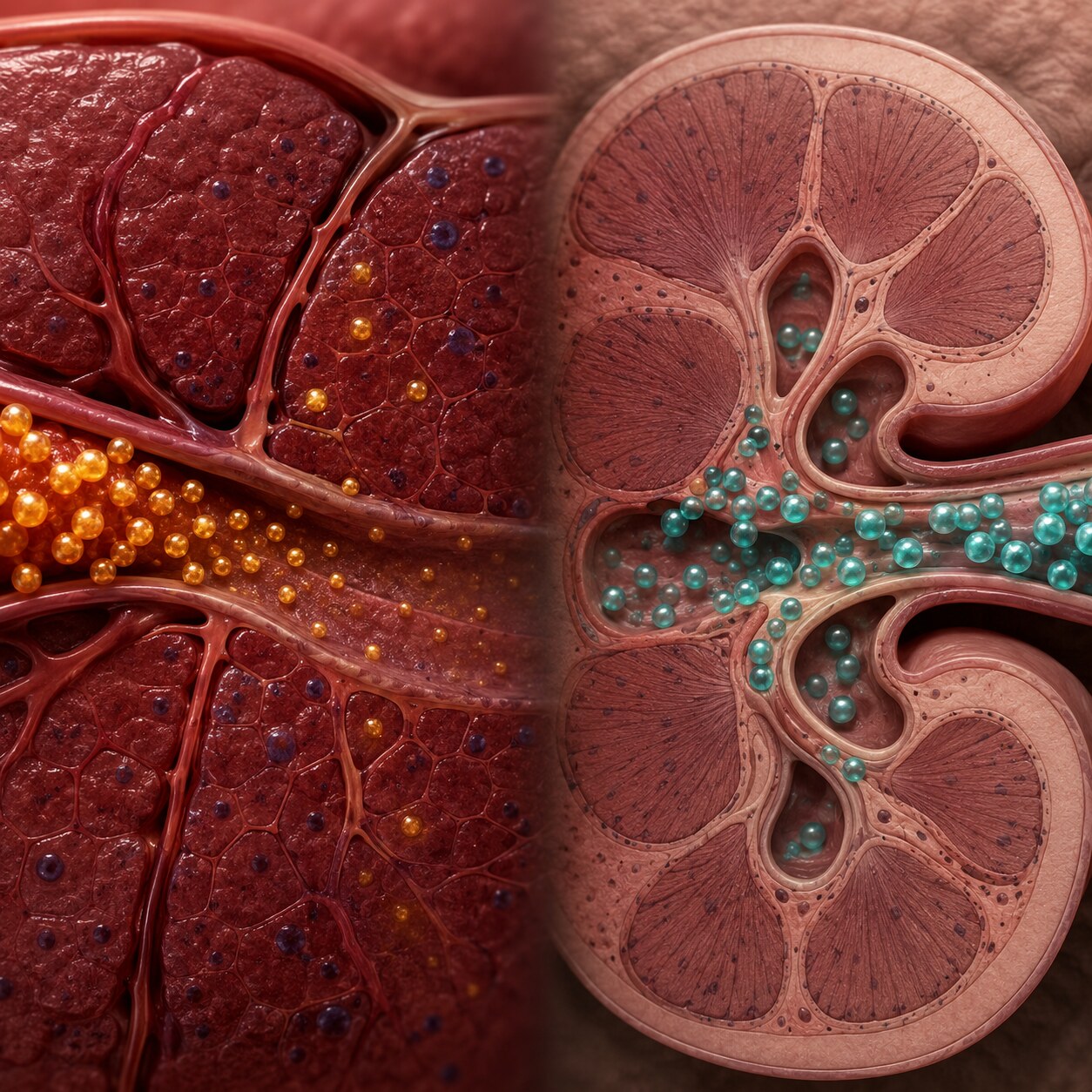 Scientific illustration comparing rapid liver clearance of insulin with slower kidney clearance of C-peptide from the bloodstream
