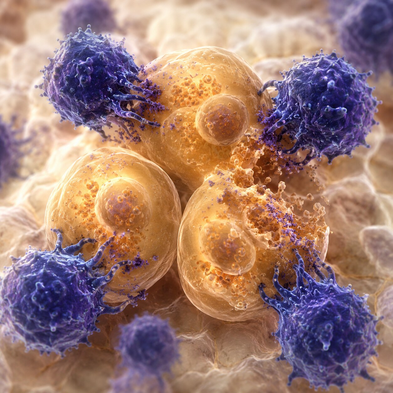 Scientific illustration of immune cells attacking and destroying insulin-producing beta cells in the pancreas