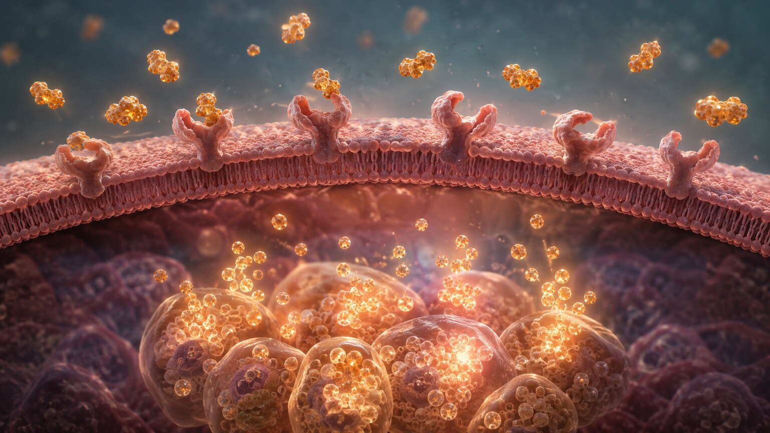 Scientific illustration of insulin molecules failing to properly bind resistant cell receptors, prompting the pancreas to produce more insulin