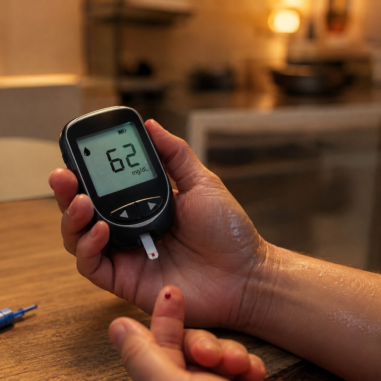 Close-up of a glucose meter displaying a low blood sugar reading, held by a person experiencing symptoms of hypoglycemia