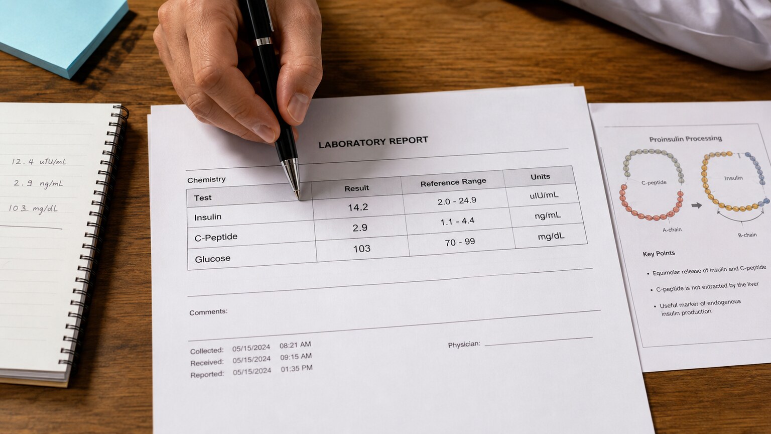 Overhead view of a clinician's desk reviewing a printed lab report showing paired insulin and C-peptide results alongside a glucose value