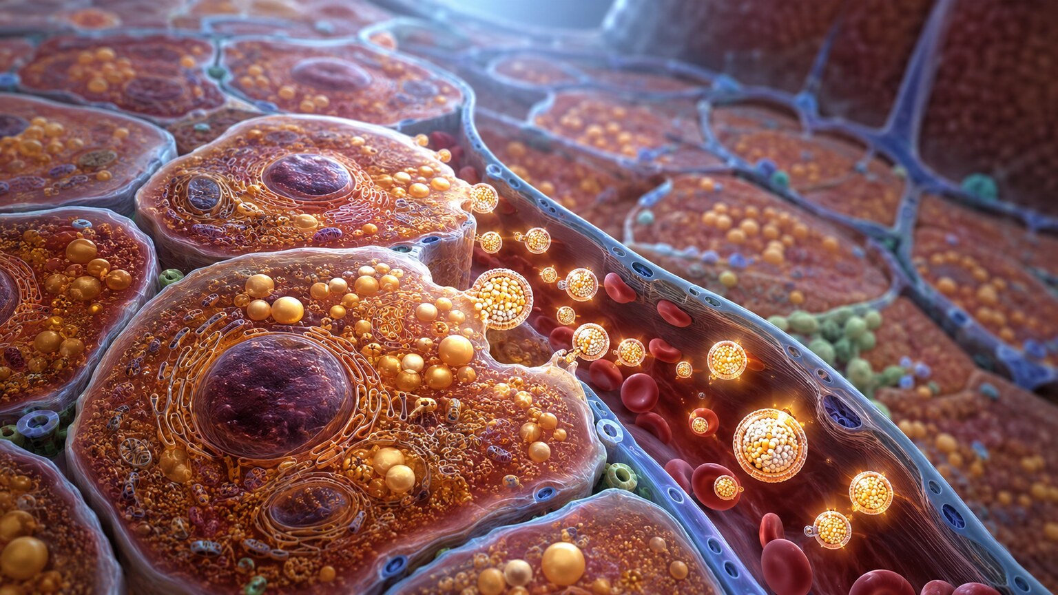 Scientific illustration of liver cells assembling fat droplets into VLDL particles and releasing them into a blood vessel