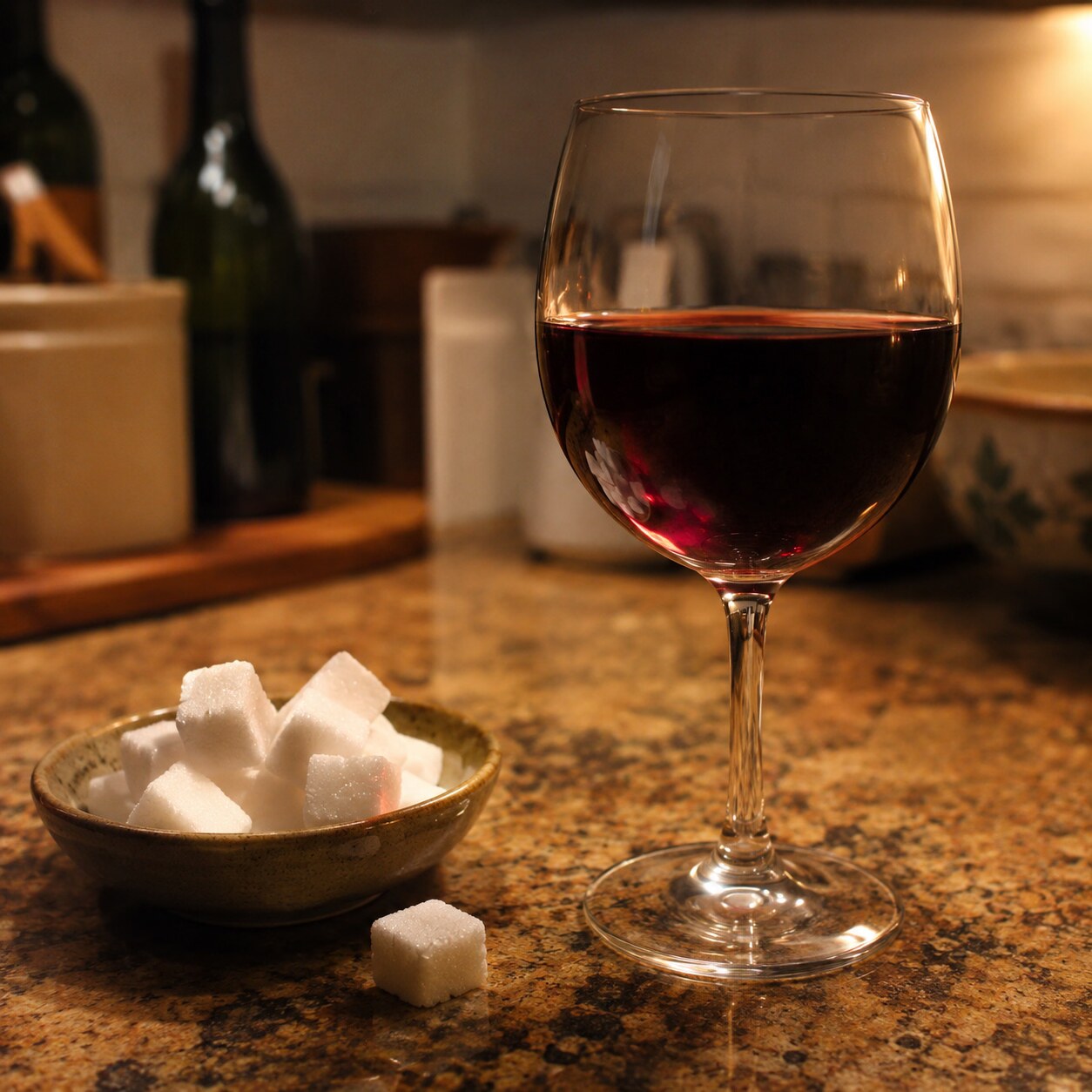 Close-up of a half-full wine glass beside a small pile of sugar cubes on a kitchen counter at evening