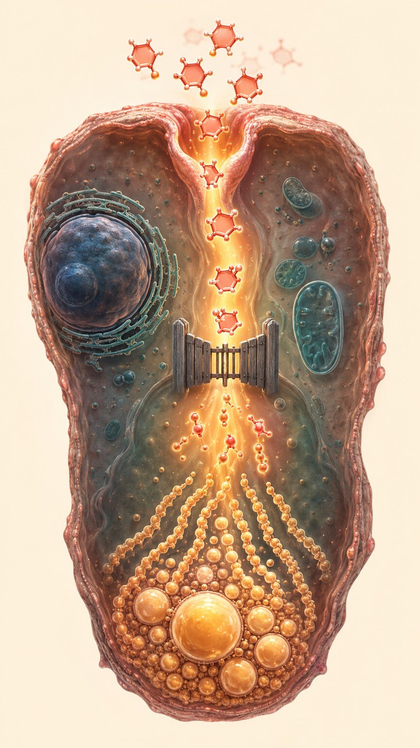 Vertical scientific illustration of fructose molecules entering a liver cell and being converted into fatty acid chains