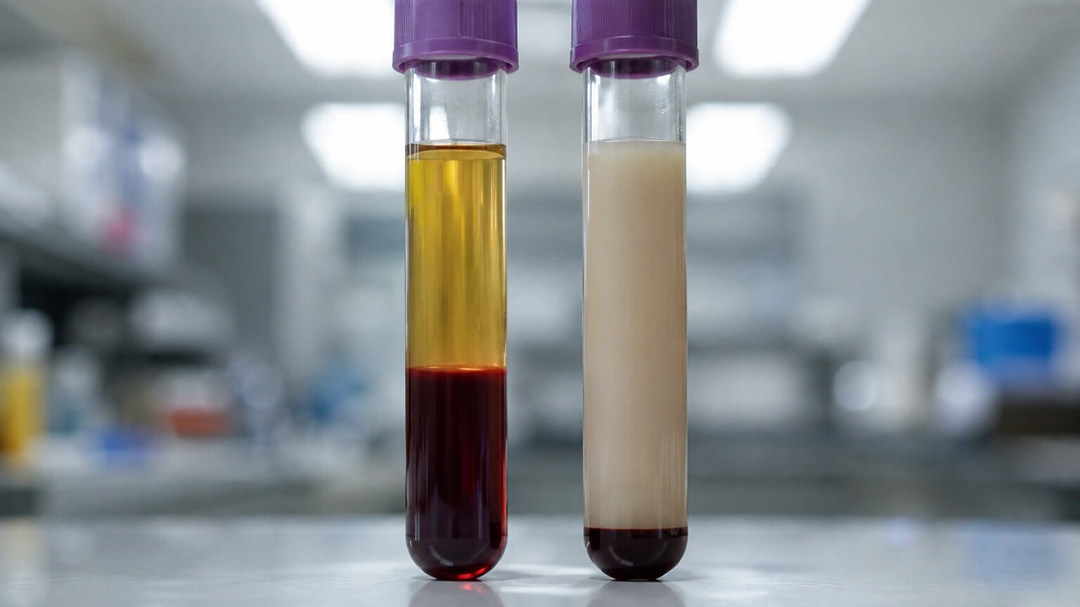 Close-up comparison of a normal clear blood plasma sample beside a cloudy, milky lipemic blood sample in test tubes