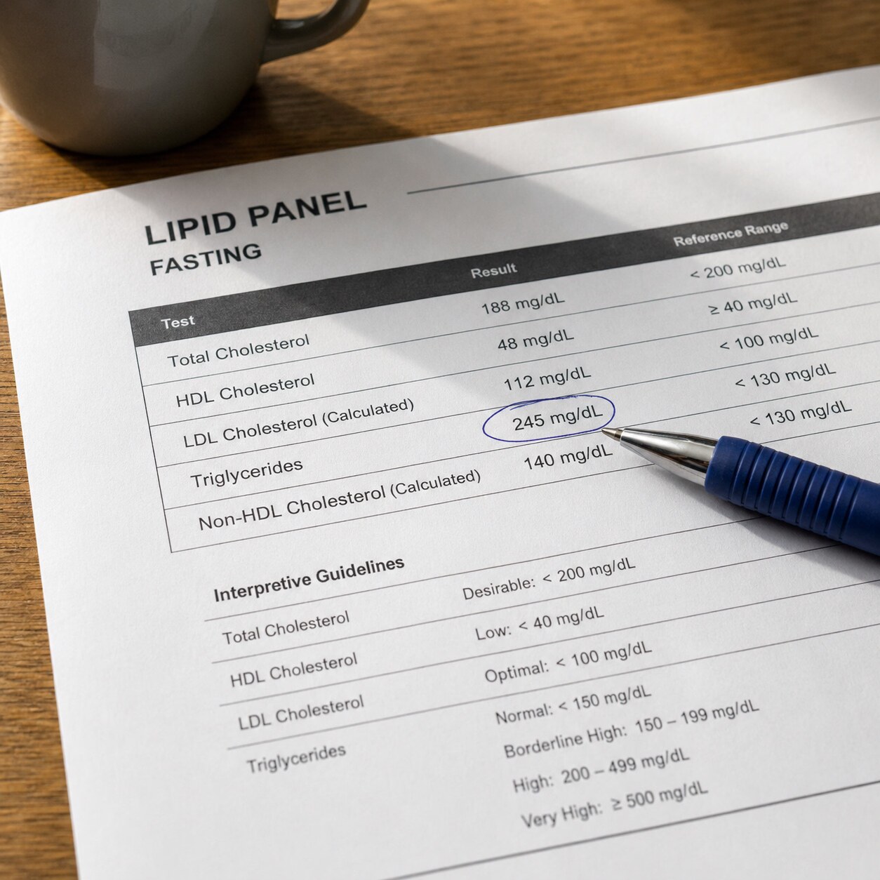 Close-up of a printed fasting lipid panel report with the triglyceride value and its reference range circled in pen