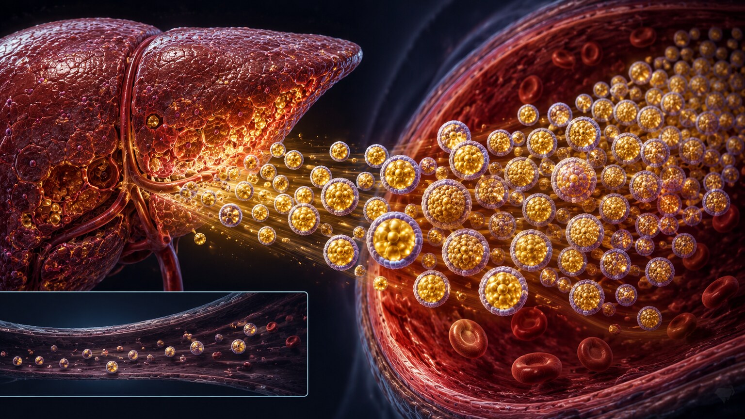 Scientific illustration of a liver releasing an excess of VLDL lipoprotein particles carrying triglycerides into the bloodstream