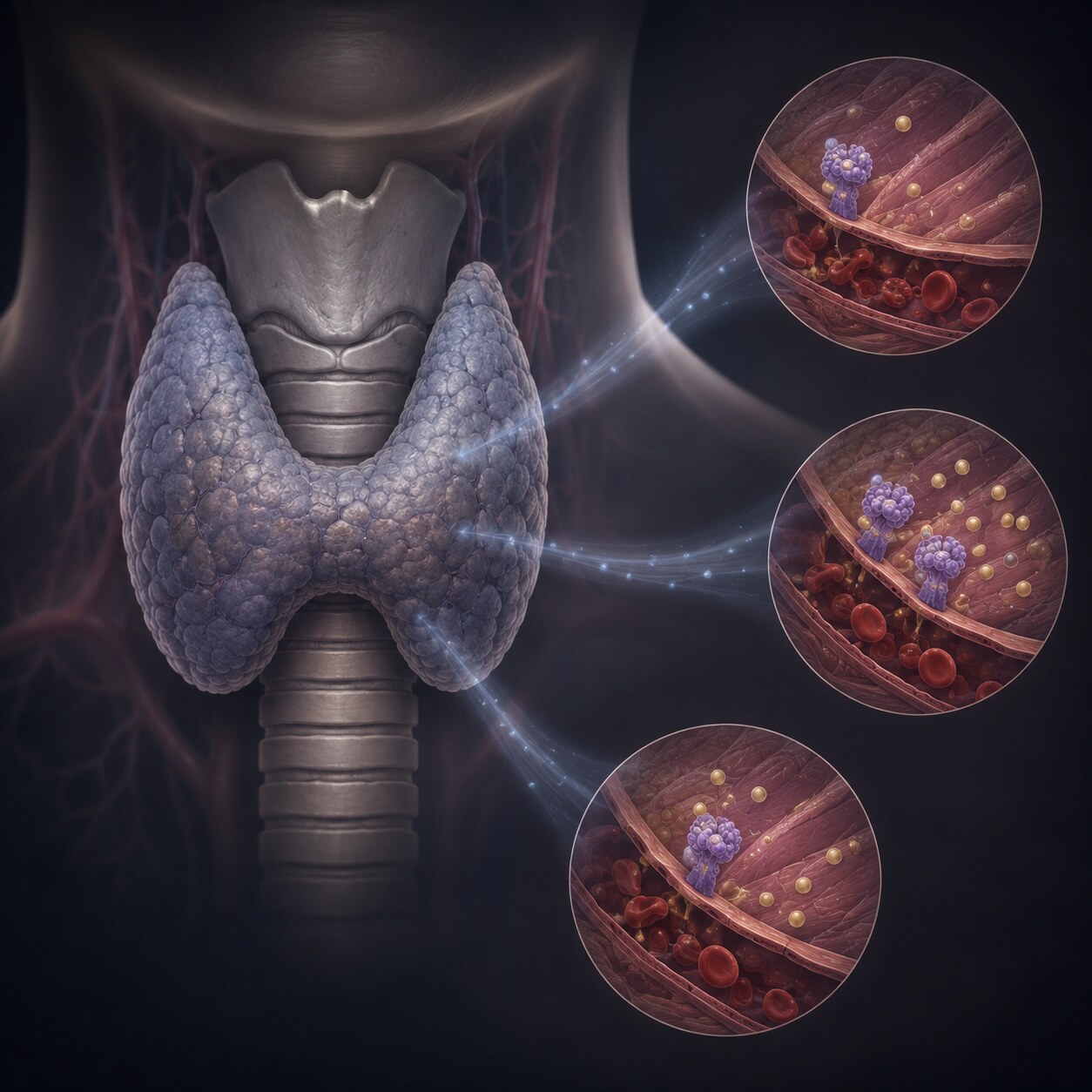 Scientific illustration of an underactive thyroid gland with reduced signaling to triglyceride-clearing enzymes