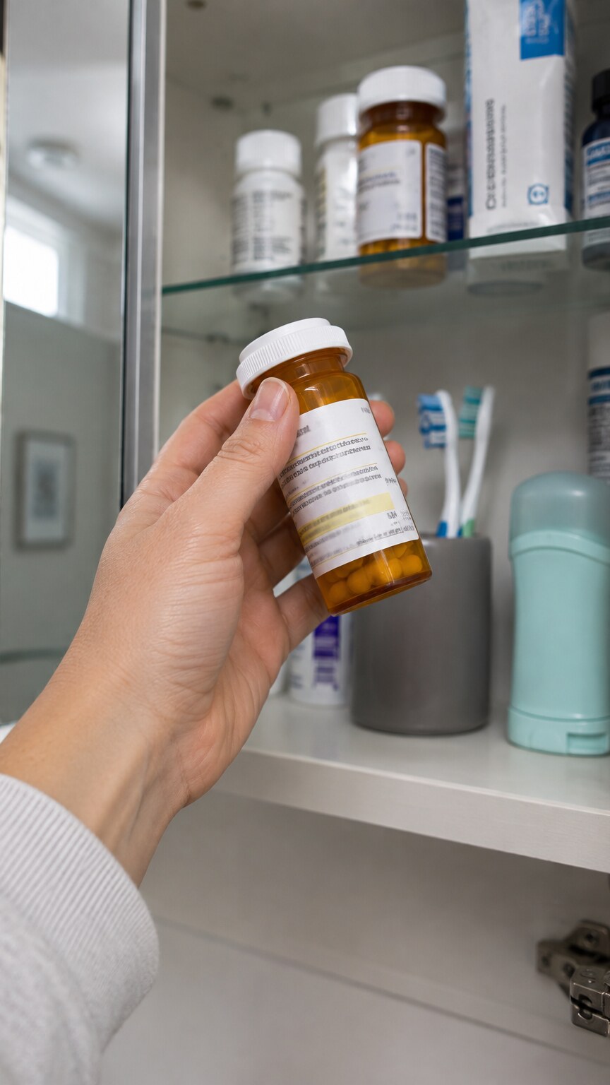 Hand holding a labeled prescription medication bottle in front of an open bathroom medicine cabinet
