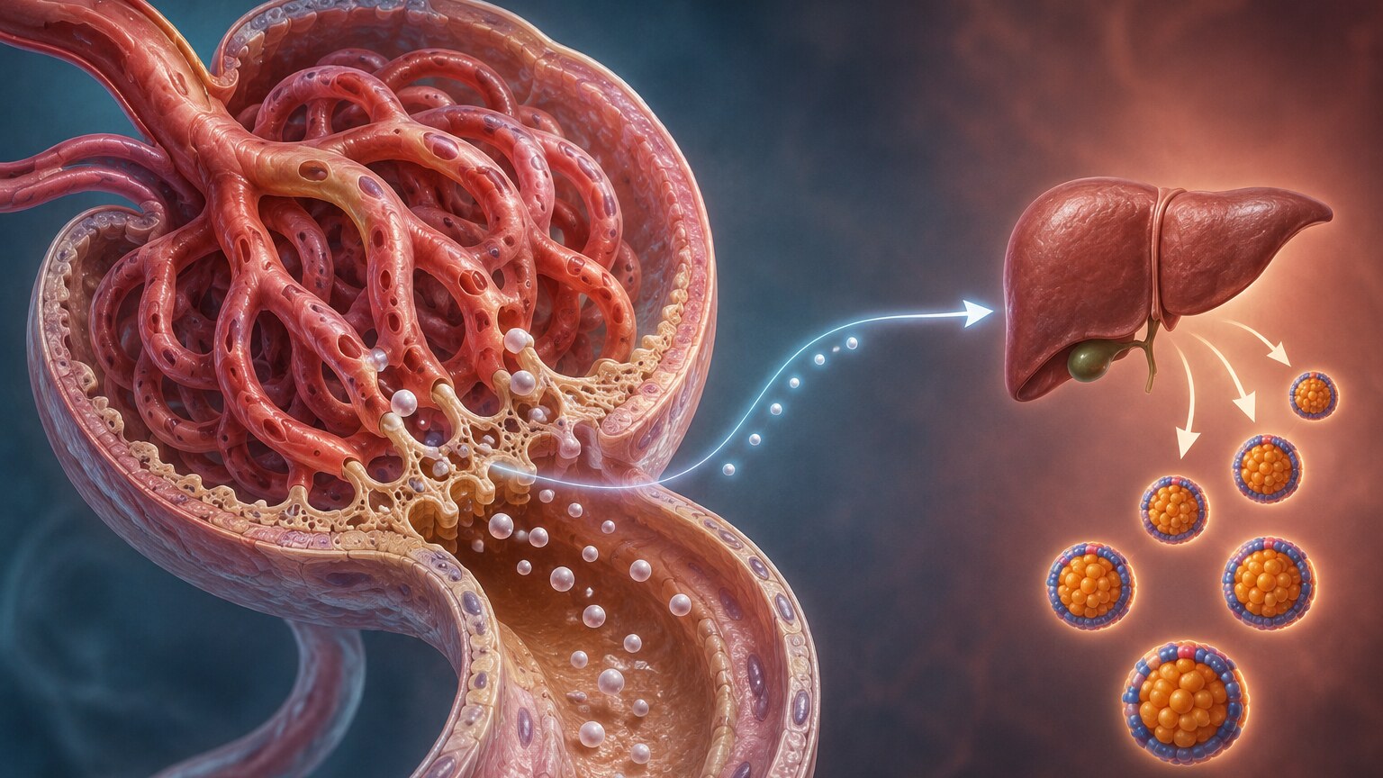 Scientific illustration of a damaged kidney glomerulus leaking protein, prompting the liver to overproduce triglyceride-carrying particles