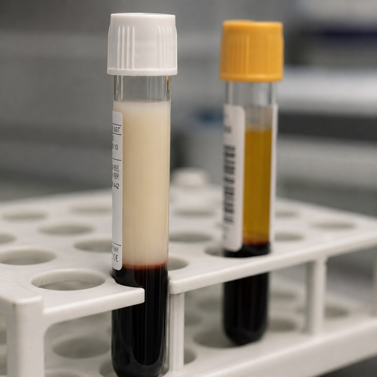 Close-up of a blood collection tube showing visibly milky, opaque lipemic plasma from severely elevated triglycerides