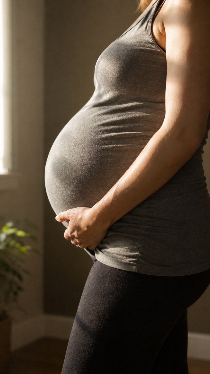 Pregnant woman in her third trimester standing in soft natural light, one hand resting on her midsection