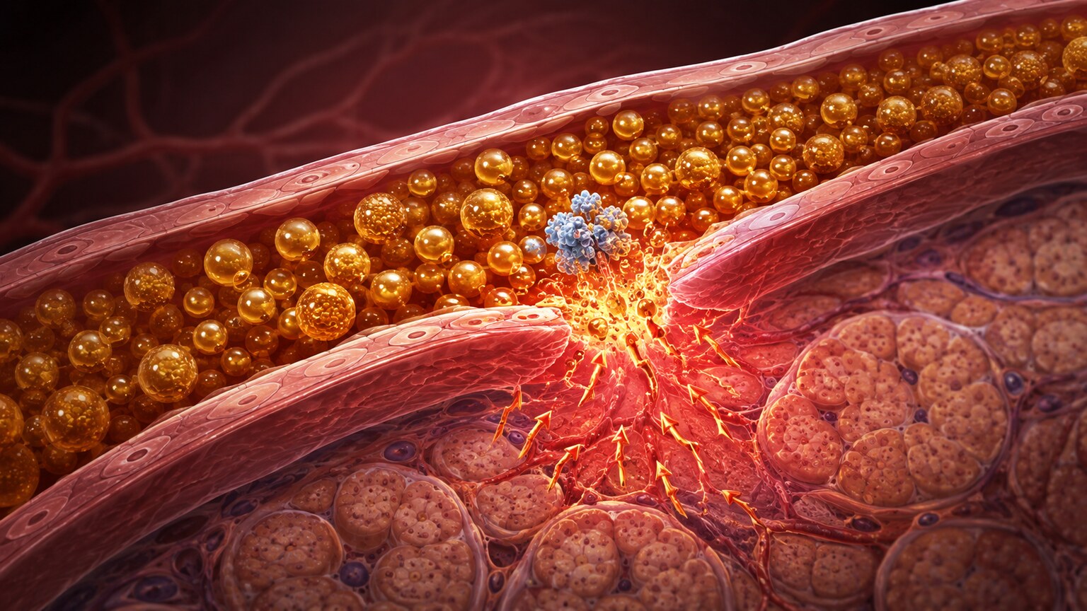 Scientific illustration of free fatty acids released from triglycerides damaging a pancreatic capillary wall