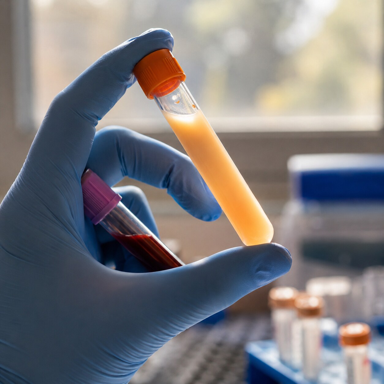 Gloved hand holding a cloudy, milky blood collection tube up to the light beside a normal clear-red tube