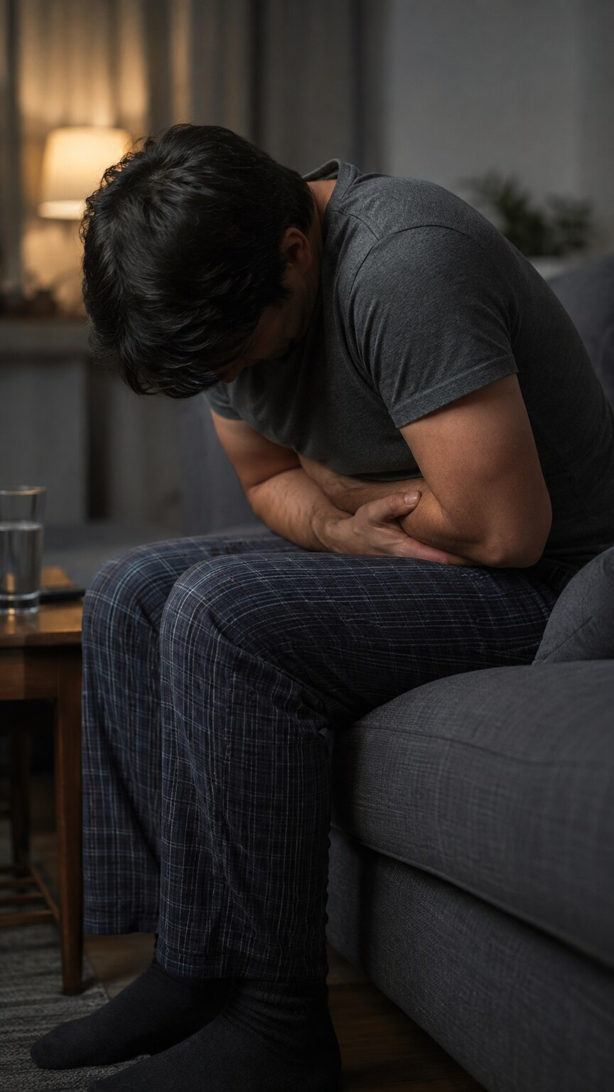 Person doubled over on a couch pressing both hands against severe upper abdominal pain