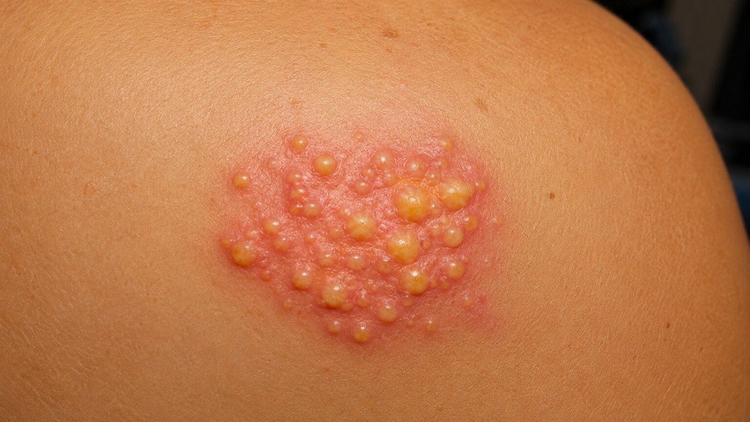 Close-up of small yellowish-red eruptive xanthoma bumps clustered on skin at a pressure-bearing area