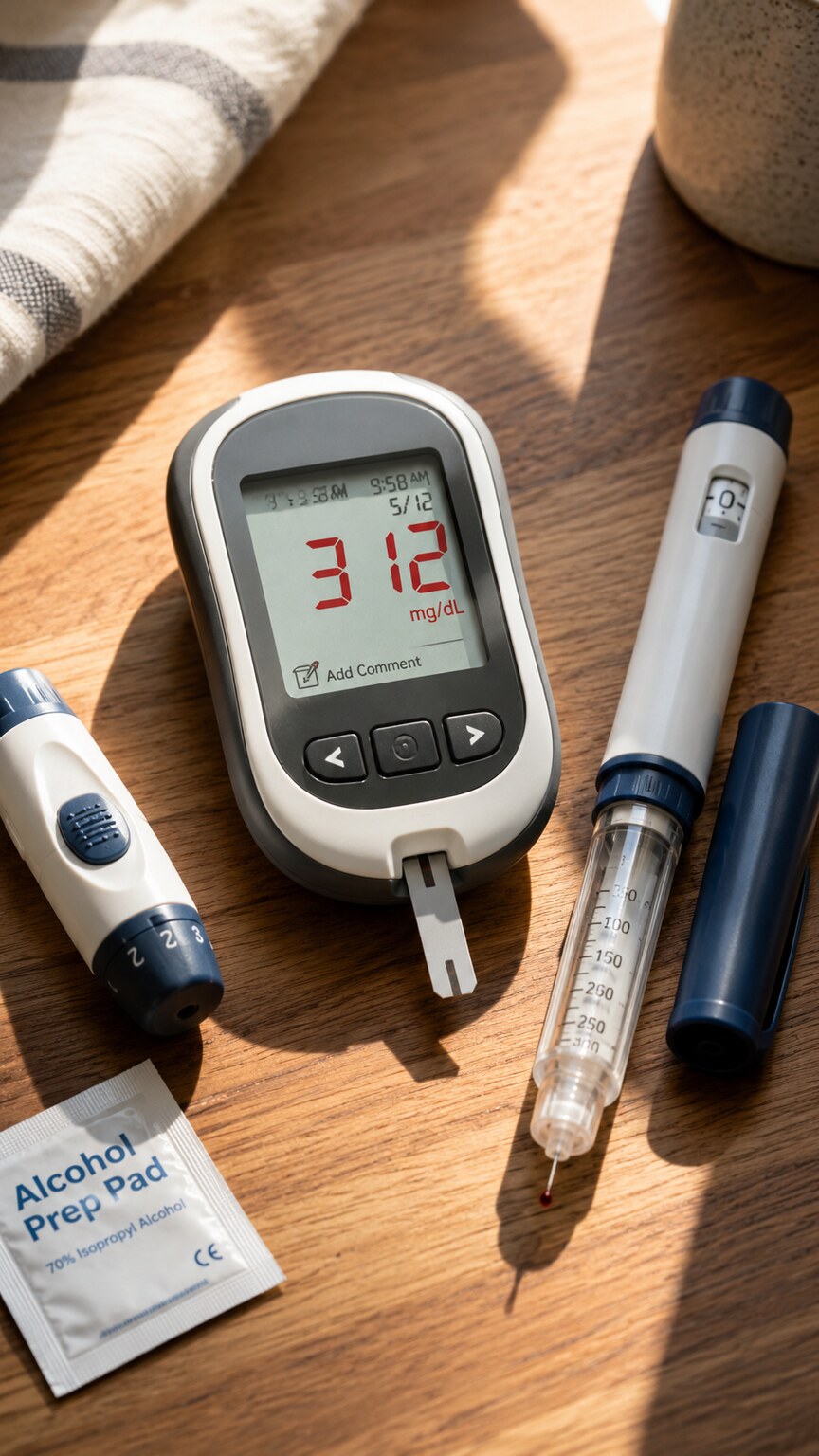 Home glucose meter displaying a high reading beside an insulin pen on a kitchen counter