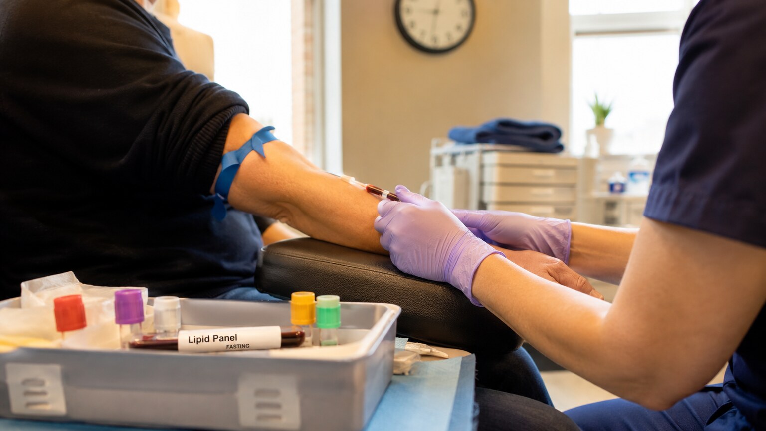 Phlebotomist drawing a labeled blood sample for a repeat fasting lipid panel in a clinic setting
