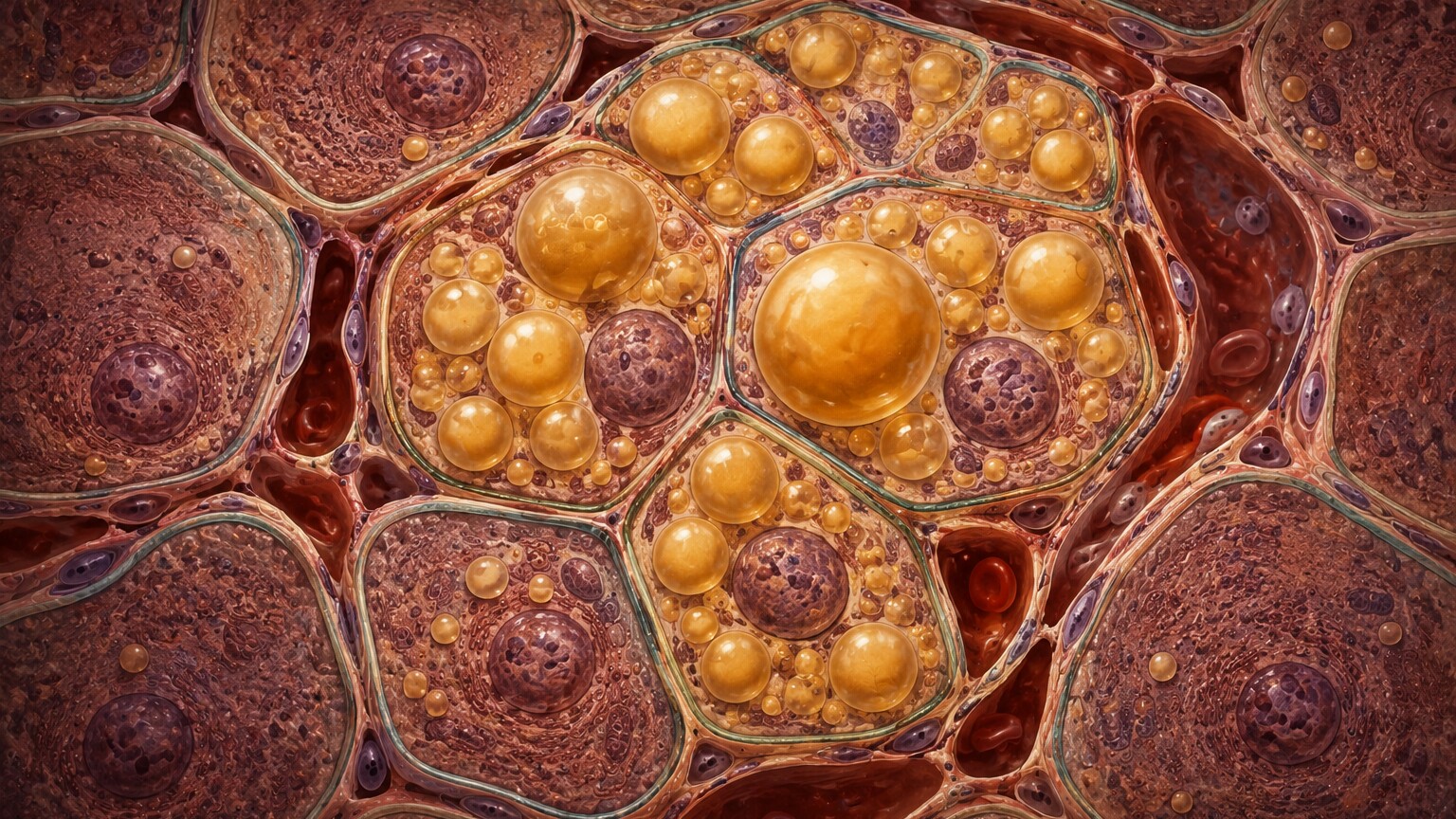 Scientific cross-section illustration of a liver cell filling with large triglyceride fat droplets, the hallmark of hepatic steatosis