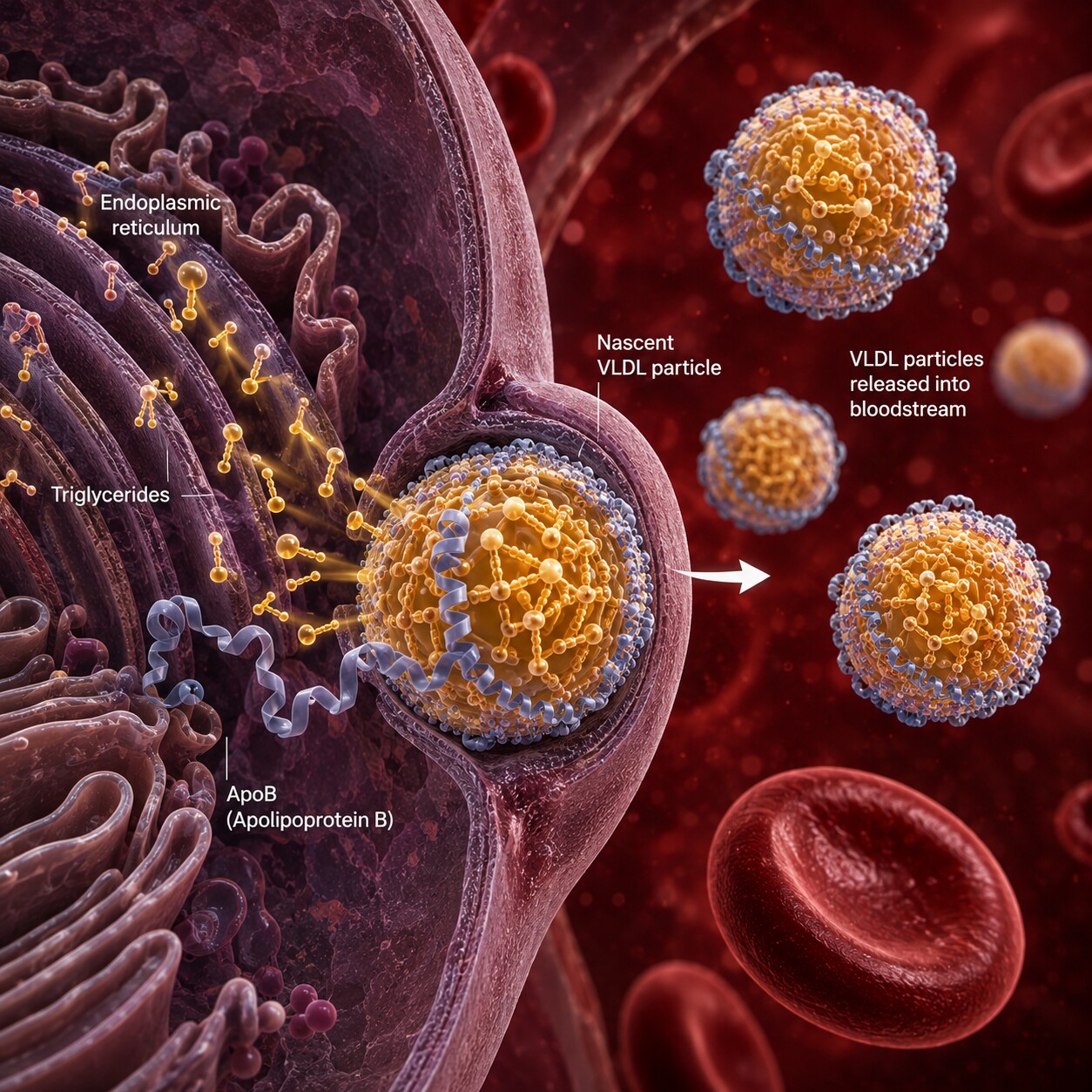 Molecular illustration of a VLDL particle assembling and exporting triglycerides from a liver cell into the bloodstream