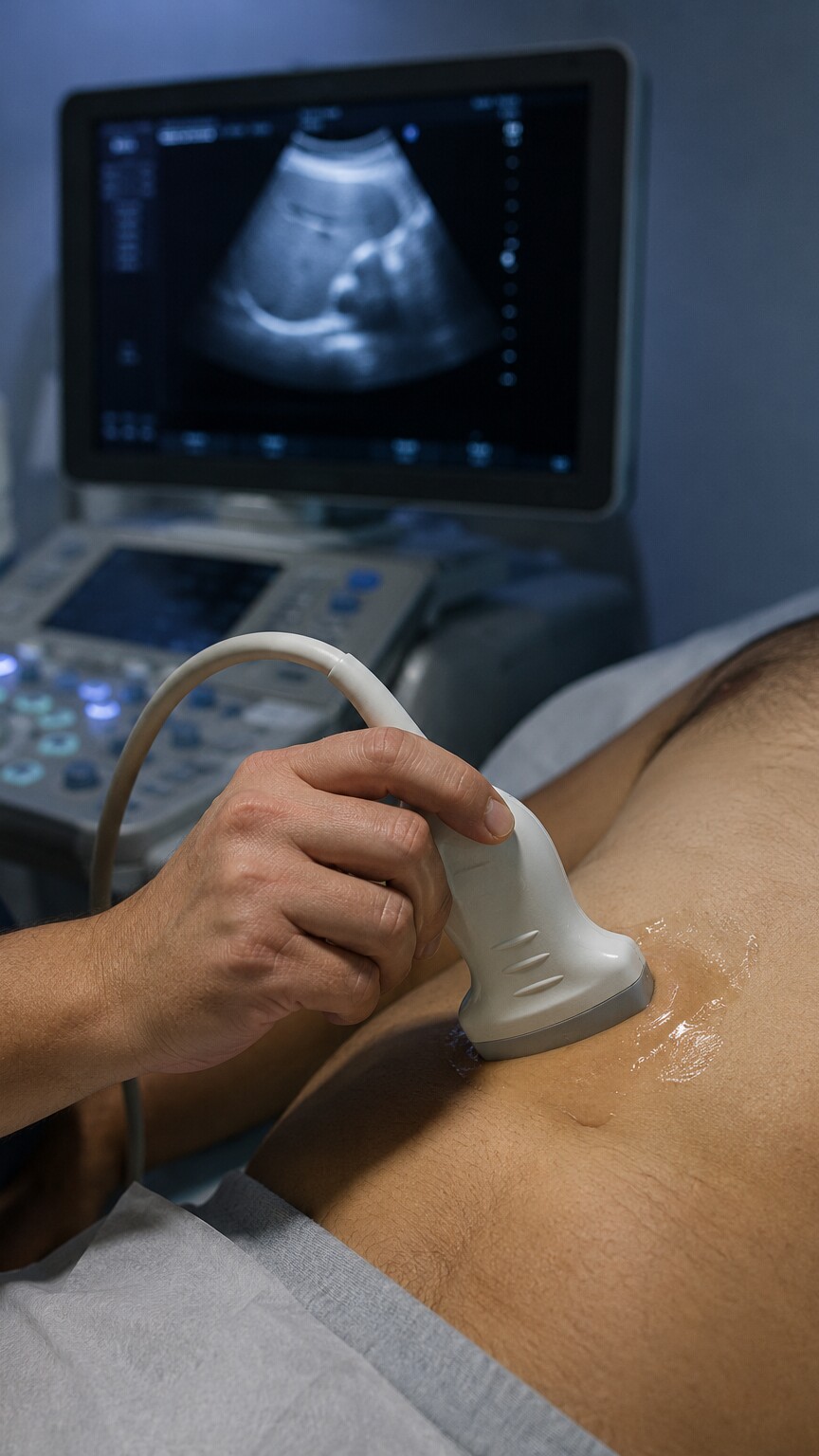 Sonographer angling an ultrasound probe over a patient's upper right abdomen to assess liver fat content