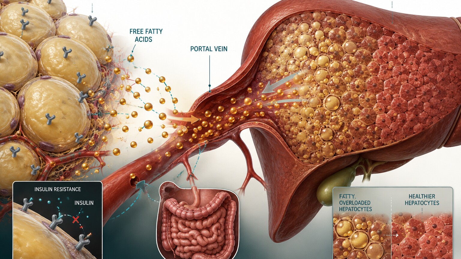 Scientific illustration of visceral fat tissue releasing free fatty acids through the portal vein directly into an overloaded liver