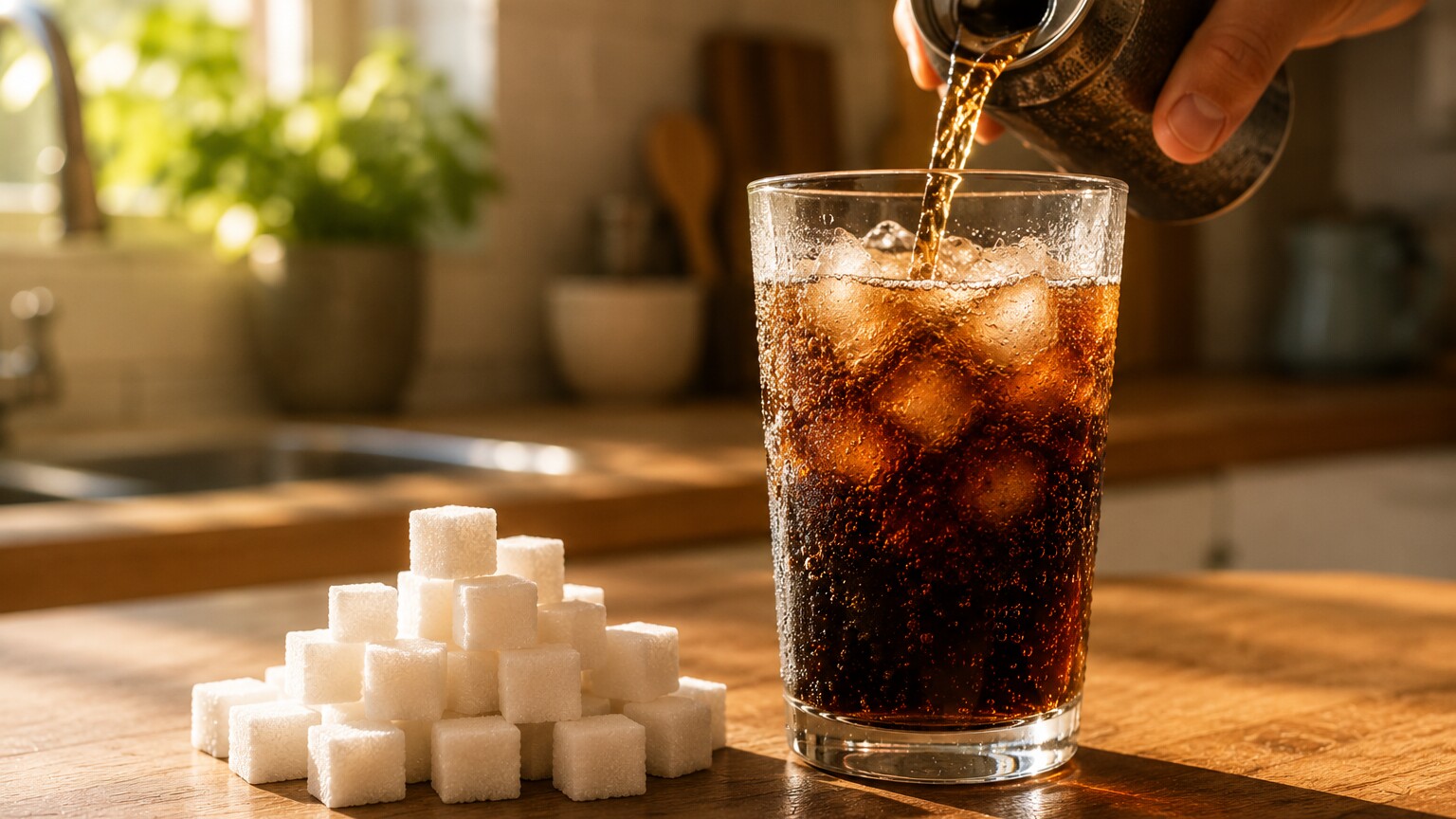 Soda being poured into a glass over ice next to a small pile of sugar cubes on a kitchen counter, illustrating concentrated fructose intake