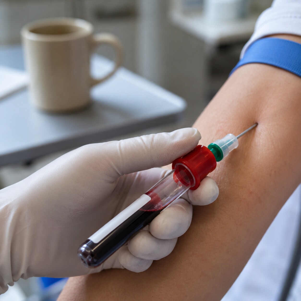Close-up of a phlebotomist filling a lipid panel blood collection tube during a fasting morning blood draw