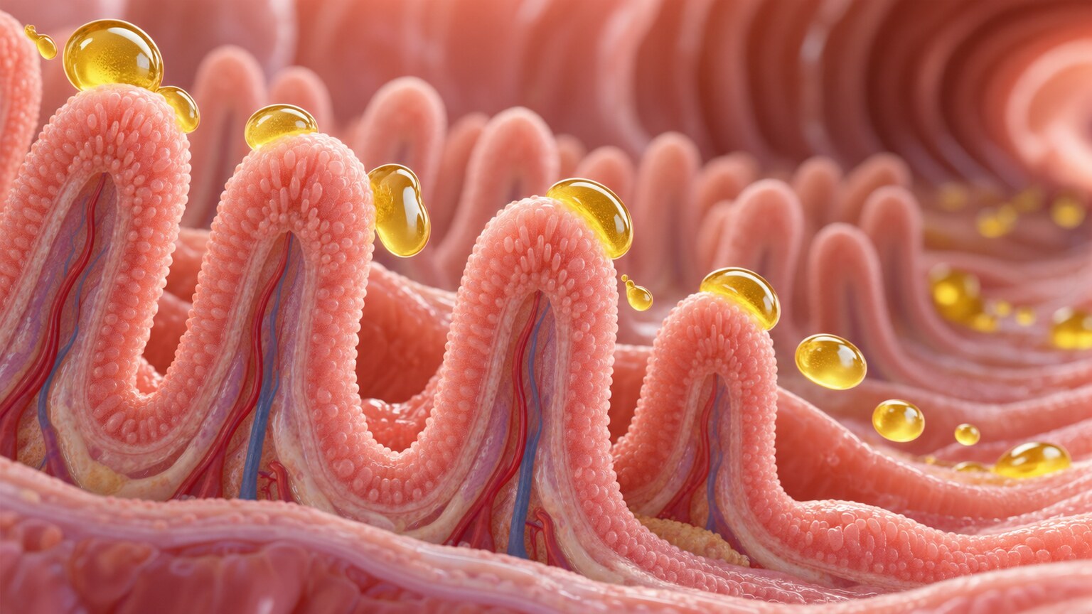 Scientific illustration of intestinal villi failing to absorb fat droplets, with undigested fat passing through the intestinal lining