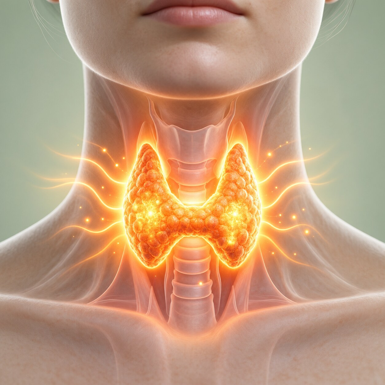 Scientific illustration of an overactive, brightly glowing thyroid gland releasing excess hormone into the bloodstream