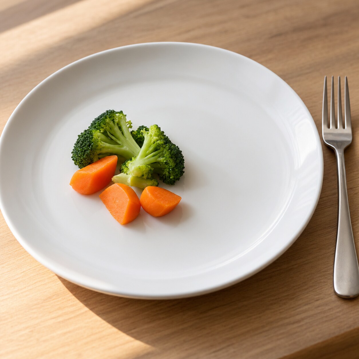 A small, sparse plate holding a minimal portion of plain vegetables, representing a sustained very low-fat, low-calorie eating pattern