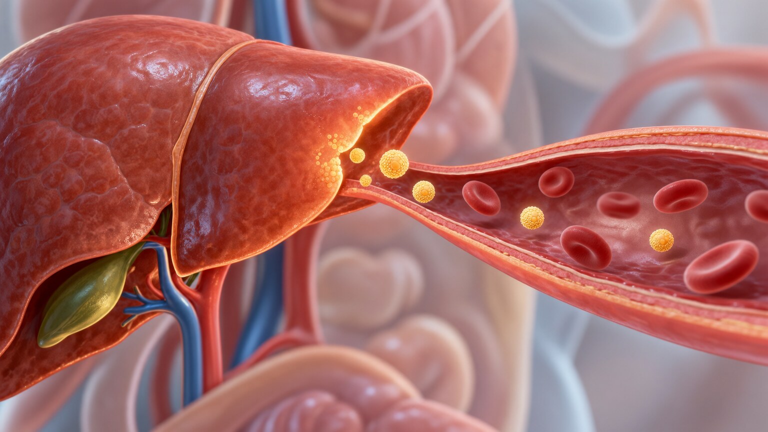Cross-section scientific illustration of a liver producing a visibly reduced number of VLDL lipoprotein particles into the bloodstream
