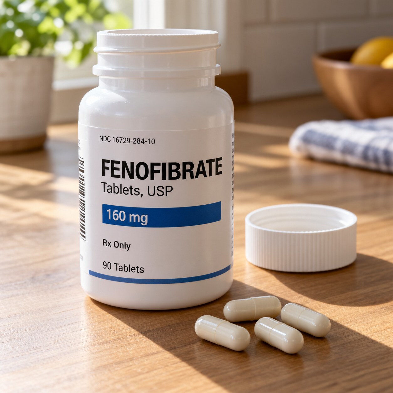 Prescription fibrate medication bottle standing on a kitchen counter, representing a triglyceride-lowering medication effect