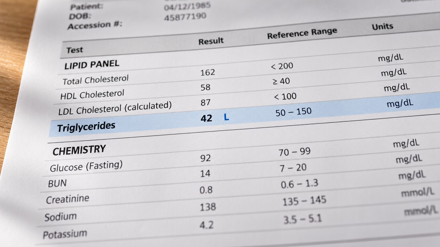 Close-up of a printed lab report showing a triglyceride result flagged below the printed reference range